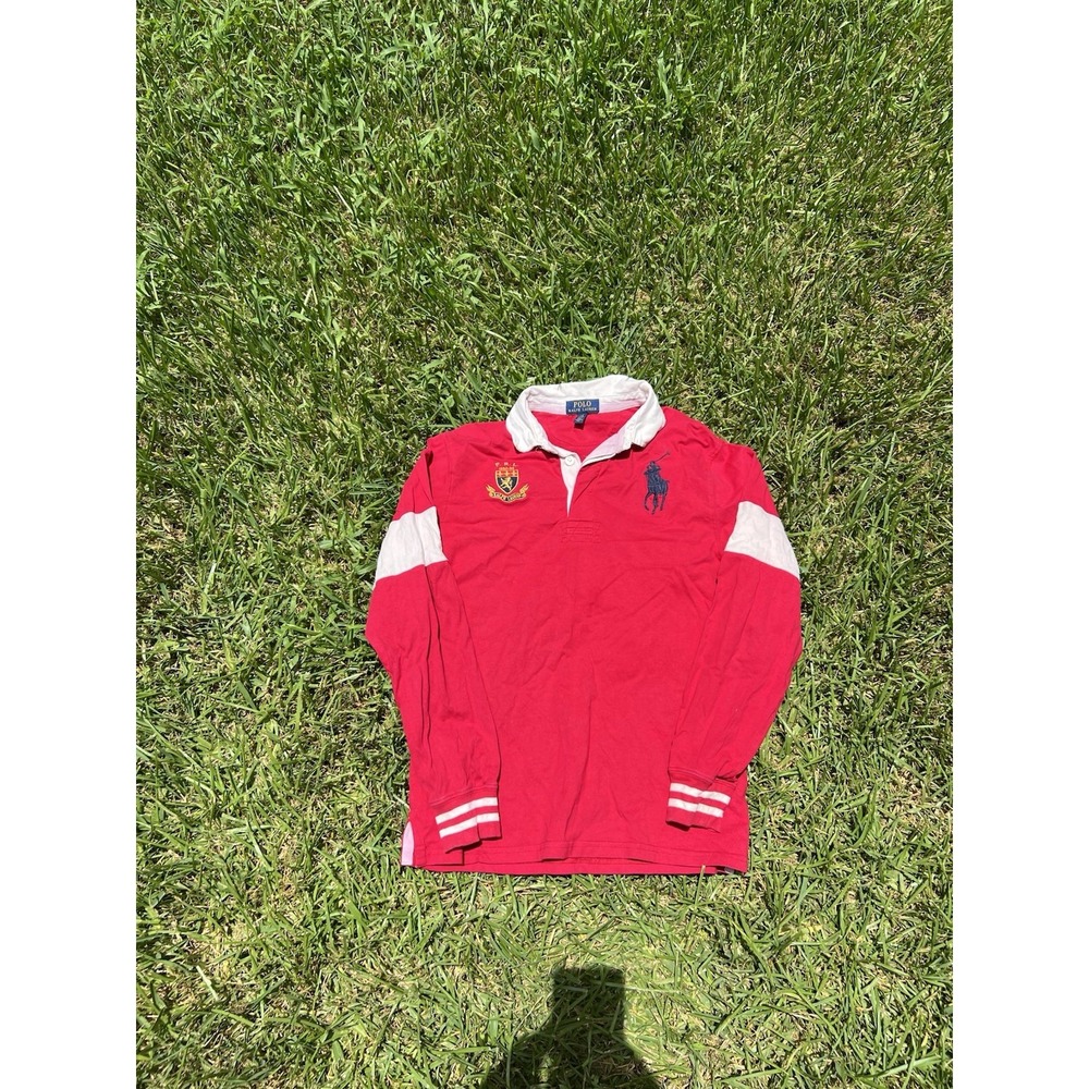 Ralph Lauren Polo Shirt Mens Medium Red Big Pony Crest Striped Rugby Preppy